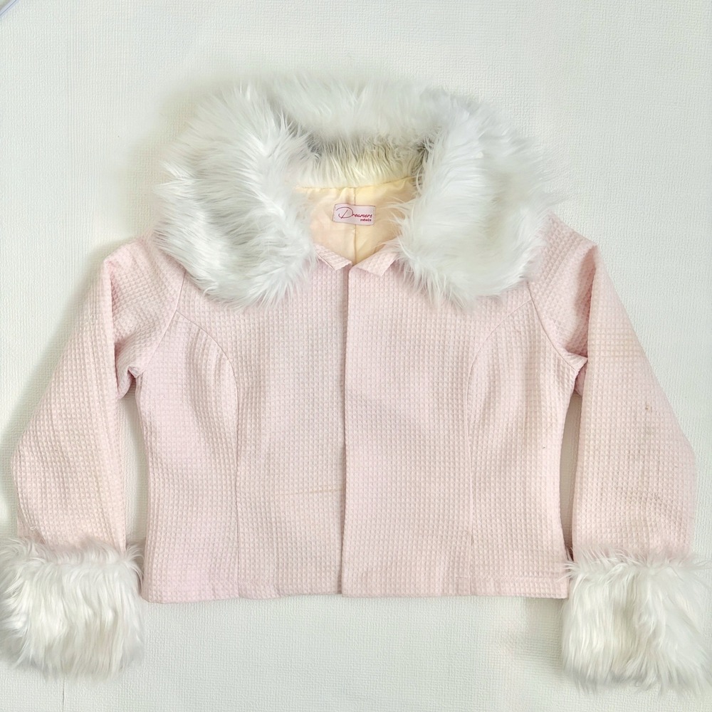 Dreamers Rebels Jacket Faux Fur Trim Waffle Weave Small Pink